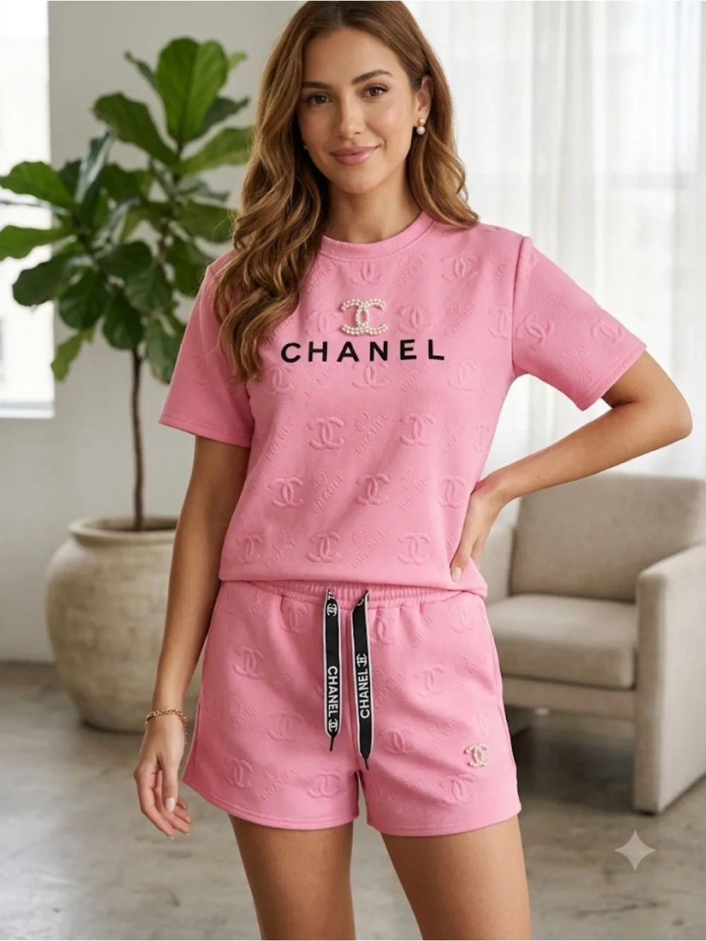 2 piece  Pink Pearl-Logo Embossed Lounge Set